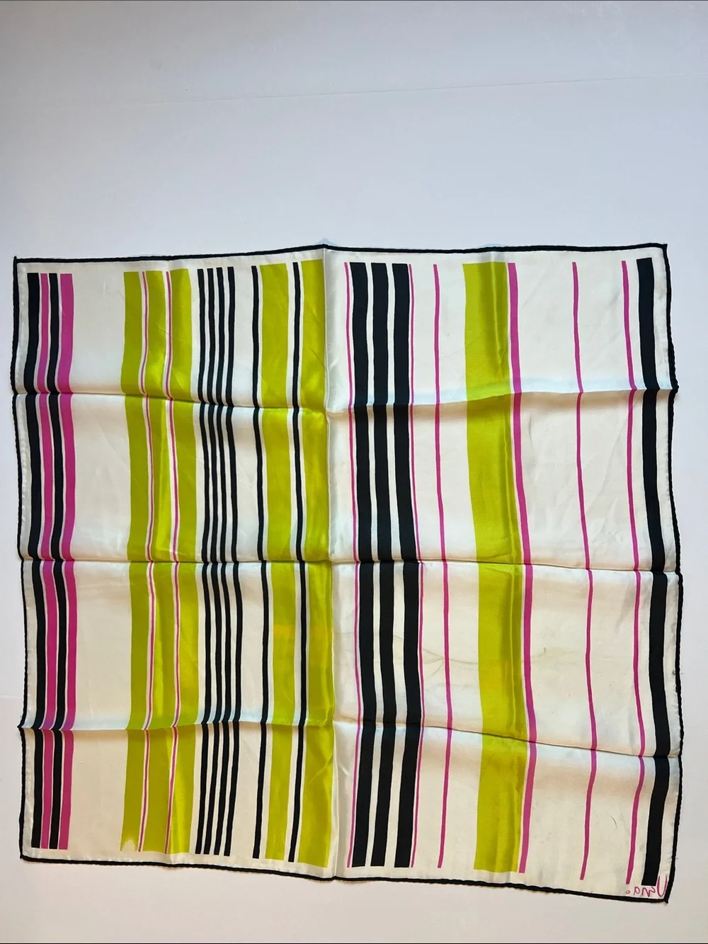 Vintage Vera Neumann scarf pink lime & black striped  25” X 24” hand rolled